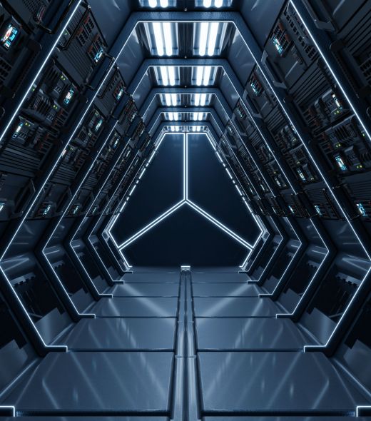 Science background fiction interior rendering sci-fi spaceship corridors blue light.3D rendering